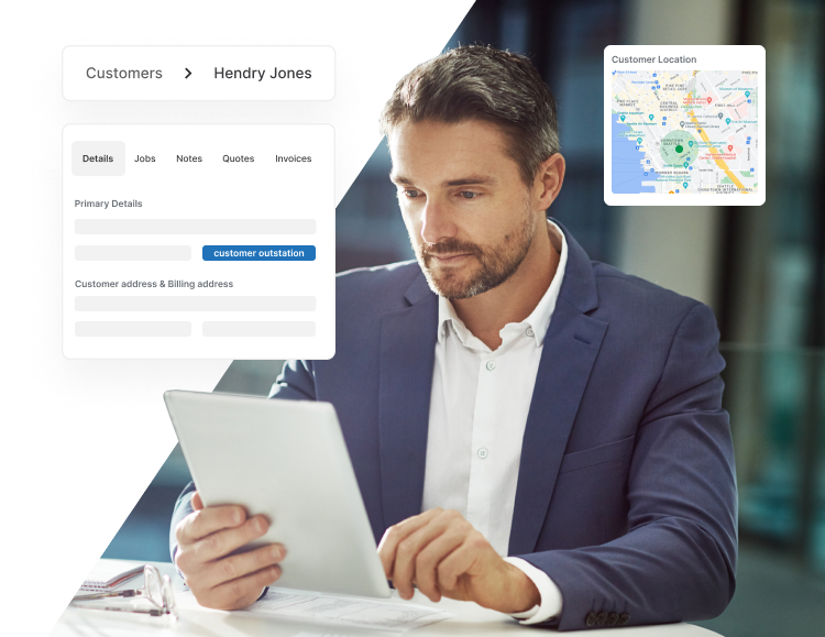 Customer management dashboard showing customer profiles and service history