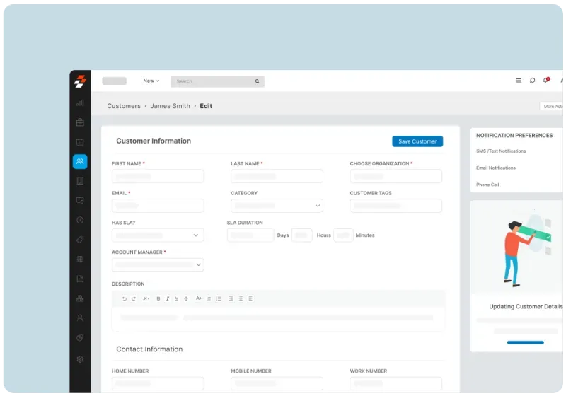 Customer information management interface showing contact and service details