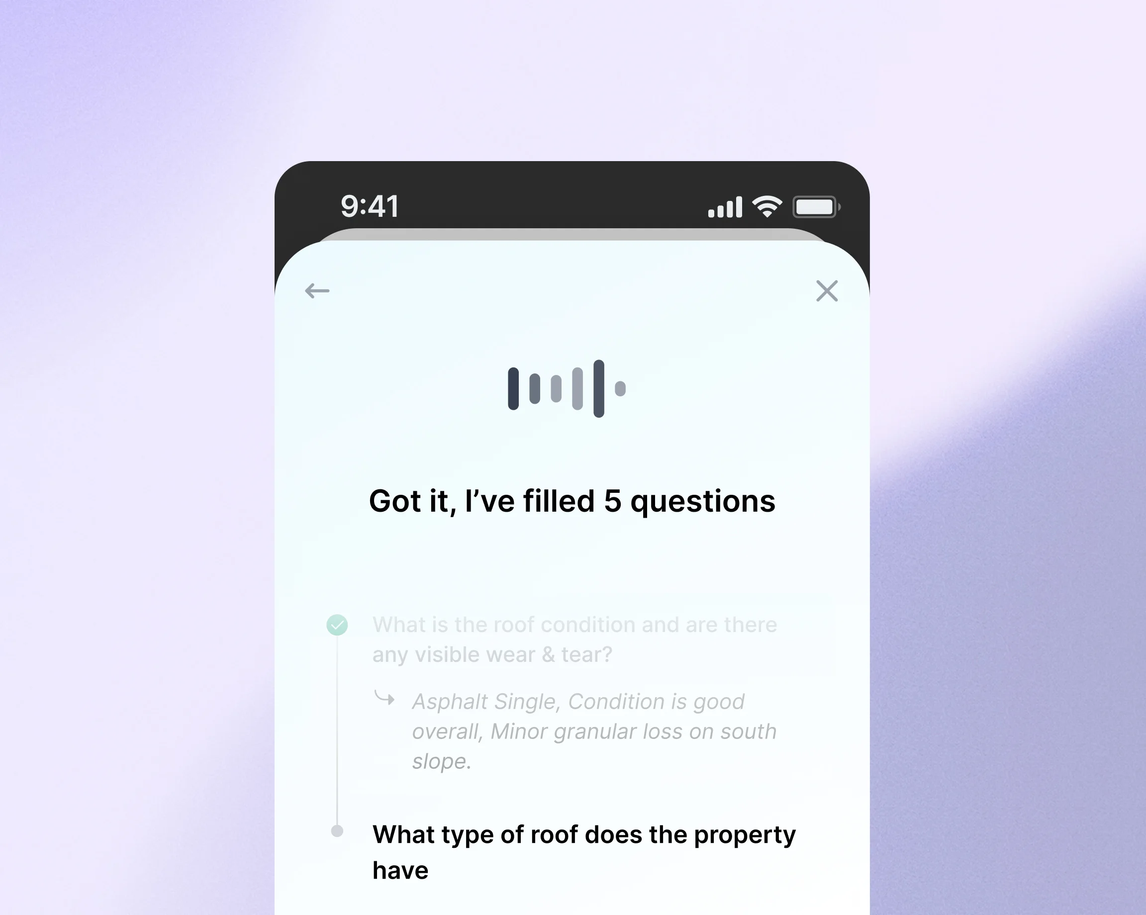 Inspection checklist and report interface showing roof documentation workflow