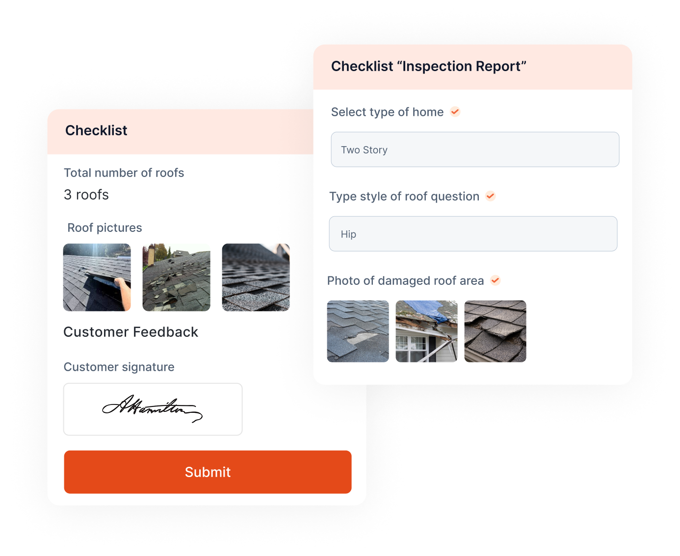 Inspection checklist and report interface showing roof documentation workflow