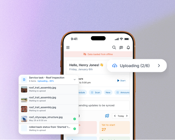 Mobile app showing offline sync status with queued job updates and uploading indicator