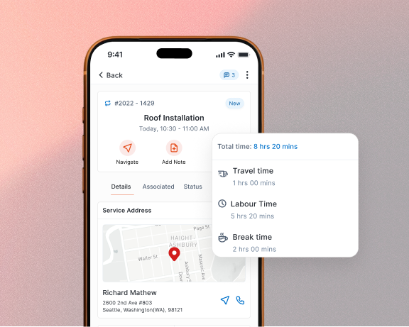 Mobile app interface showing job scheduling with route map and customer details