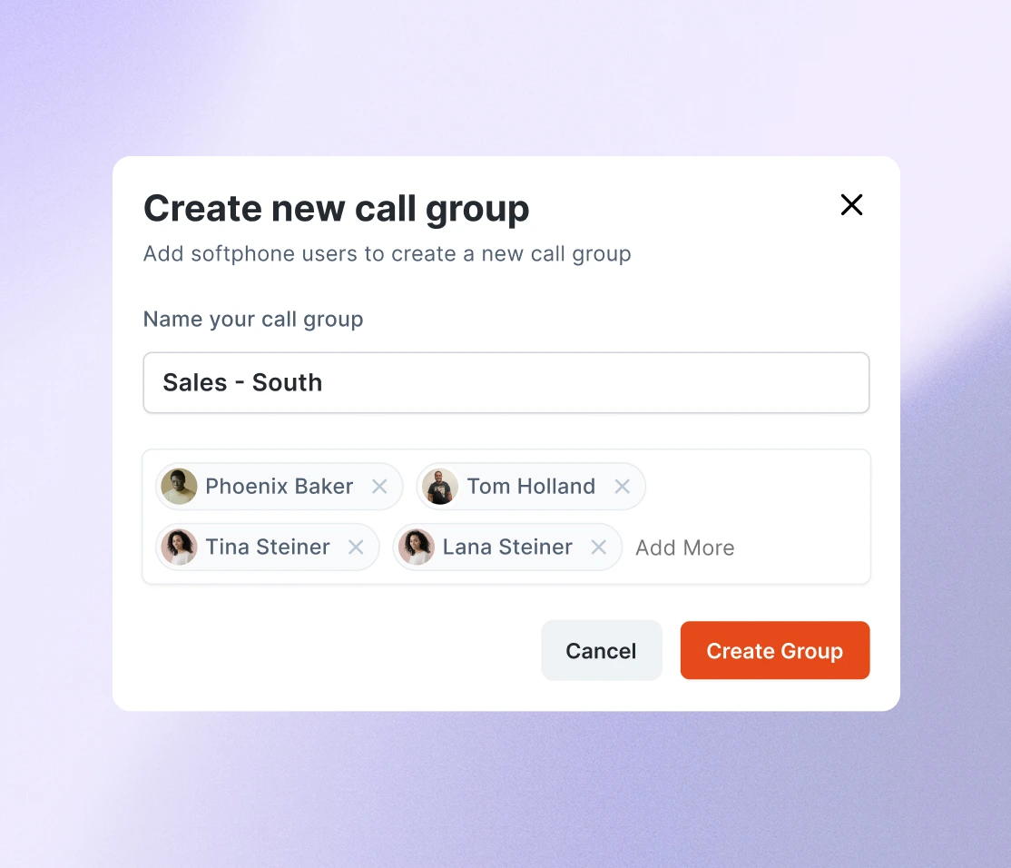 Create new call group dialog with team members