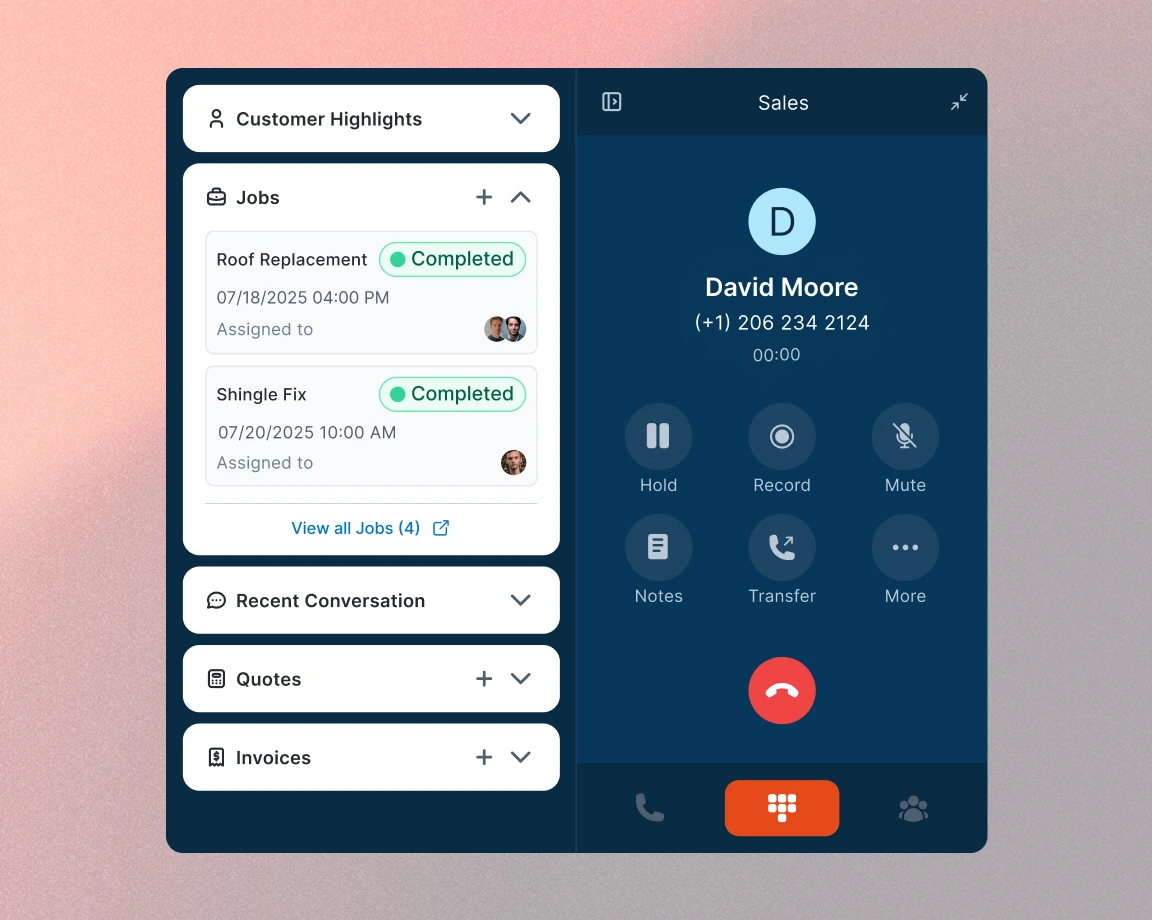 In-app dialer with Sidekick showing customer highlights panel