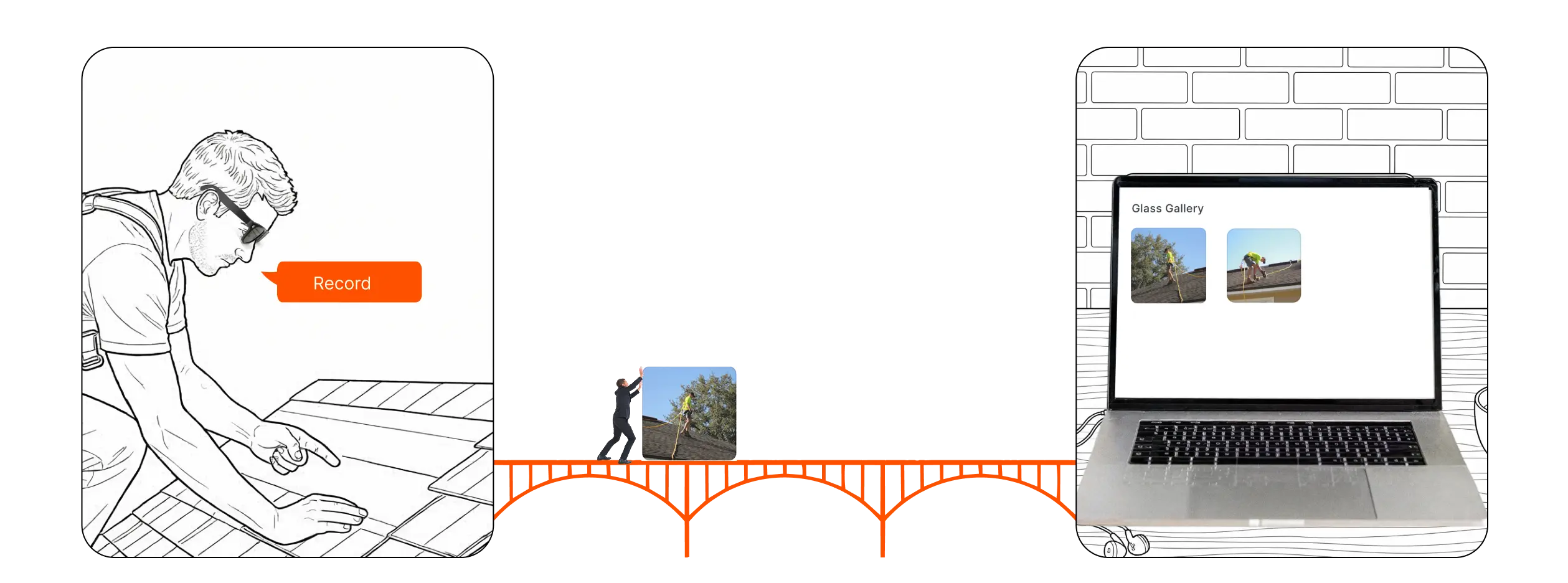 Field technician on a ladder, mobile sync, and laptop gallery — illustrated overview of Zuper Glass
