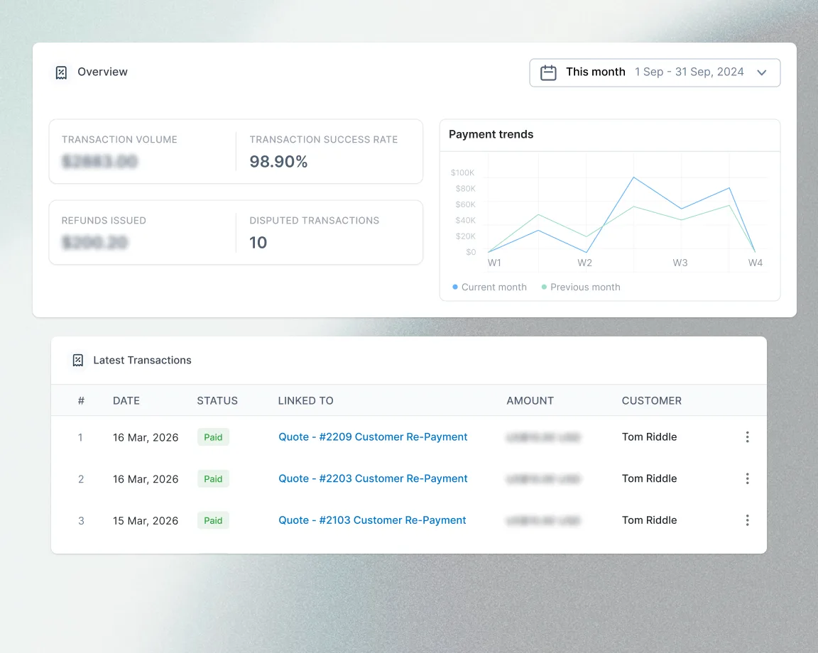 Payments dashboard showing reconciled invoices and payouts